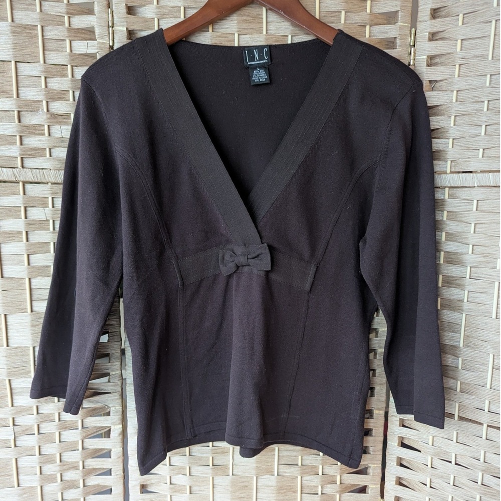 INC Chocolate Brown Silk Blend V-Neck Bow Top 3/4 Sleeve Womens L Babydoll Y2K